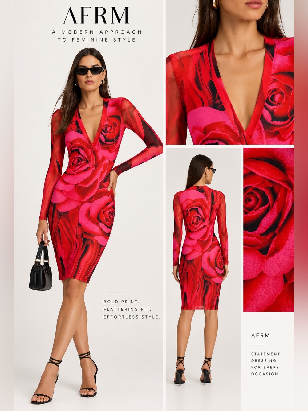 AFRM Diane Dress Rose-Print Long Sleeve V-Neck Bodycon Dress